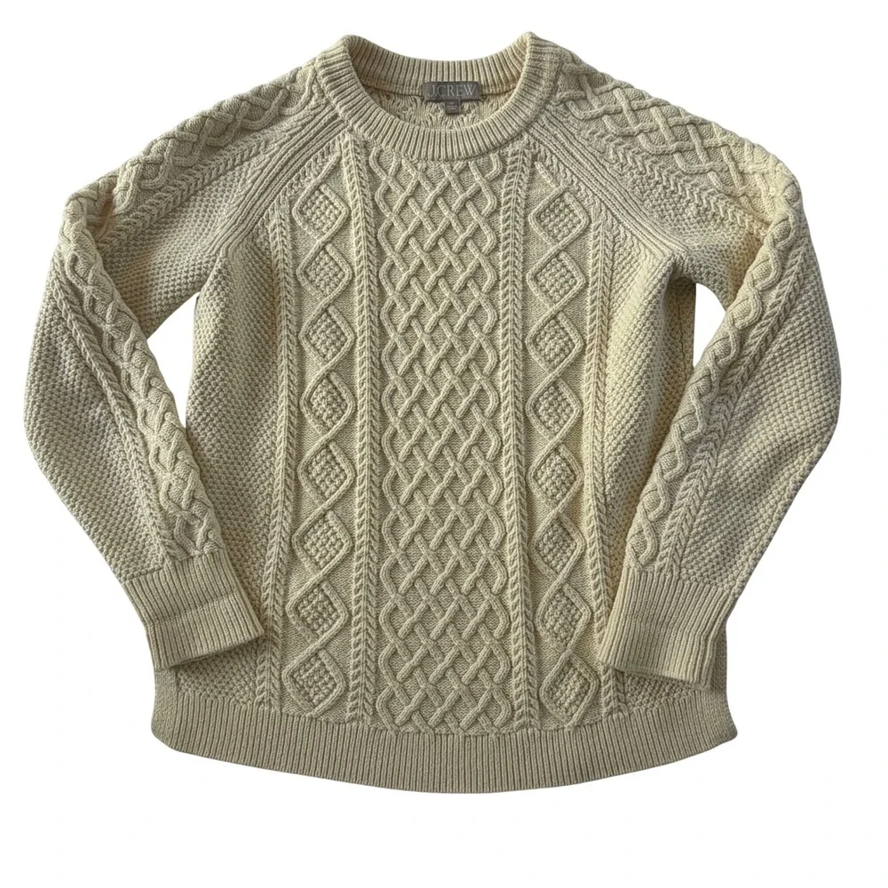 J. Crew Cream Cable Knit Fisherman Sweater Womens XS Ivory Crewneck Pullover EUC